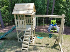4 by 5 Fort with angled steps, slide and two swings