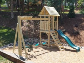 4x4 Fort with 3 swings, slide, steps and Picnic Table